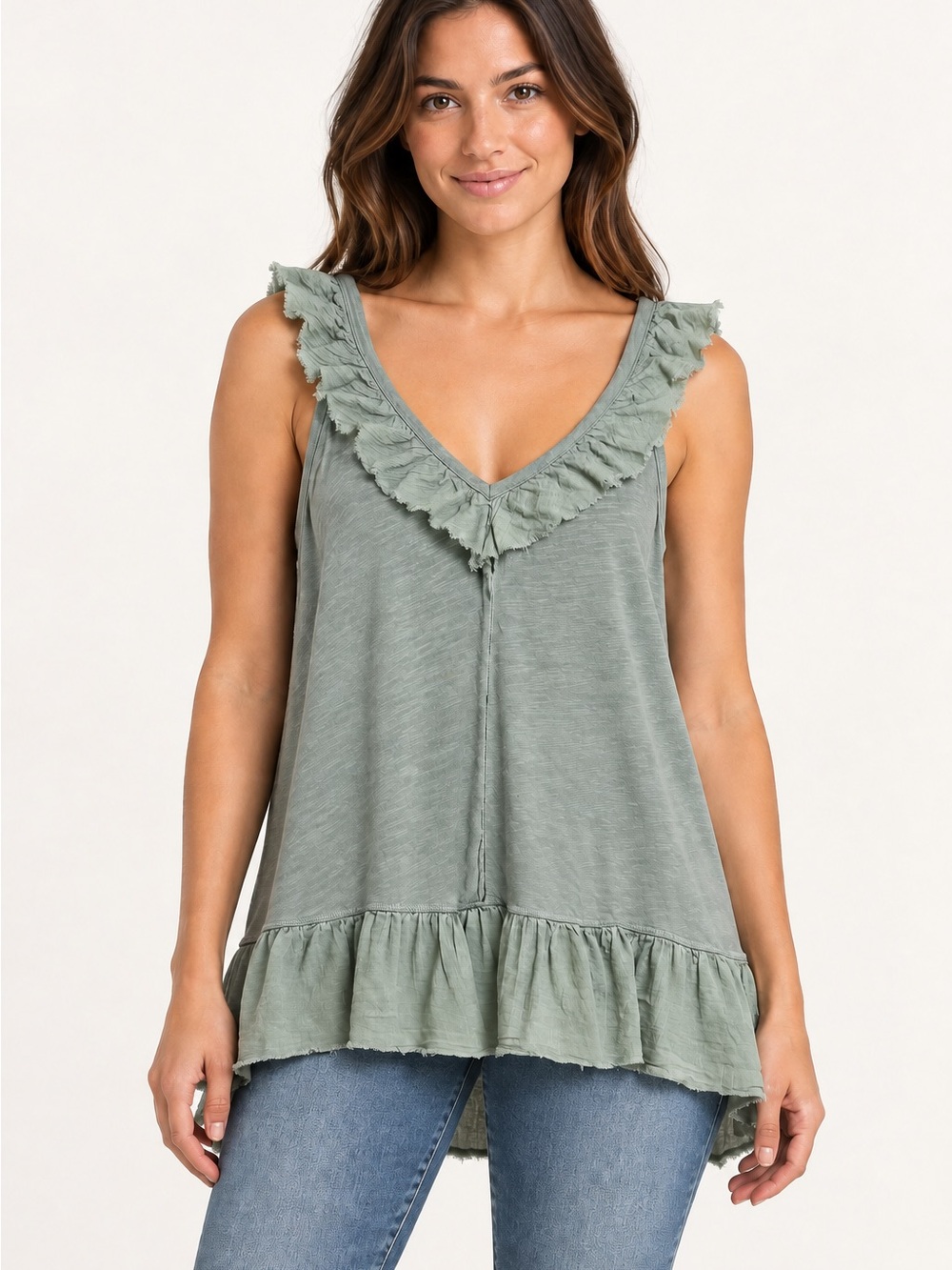 American Eagle Sage Green Ruffle High-Low Tunic Tank Top Small